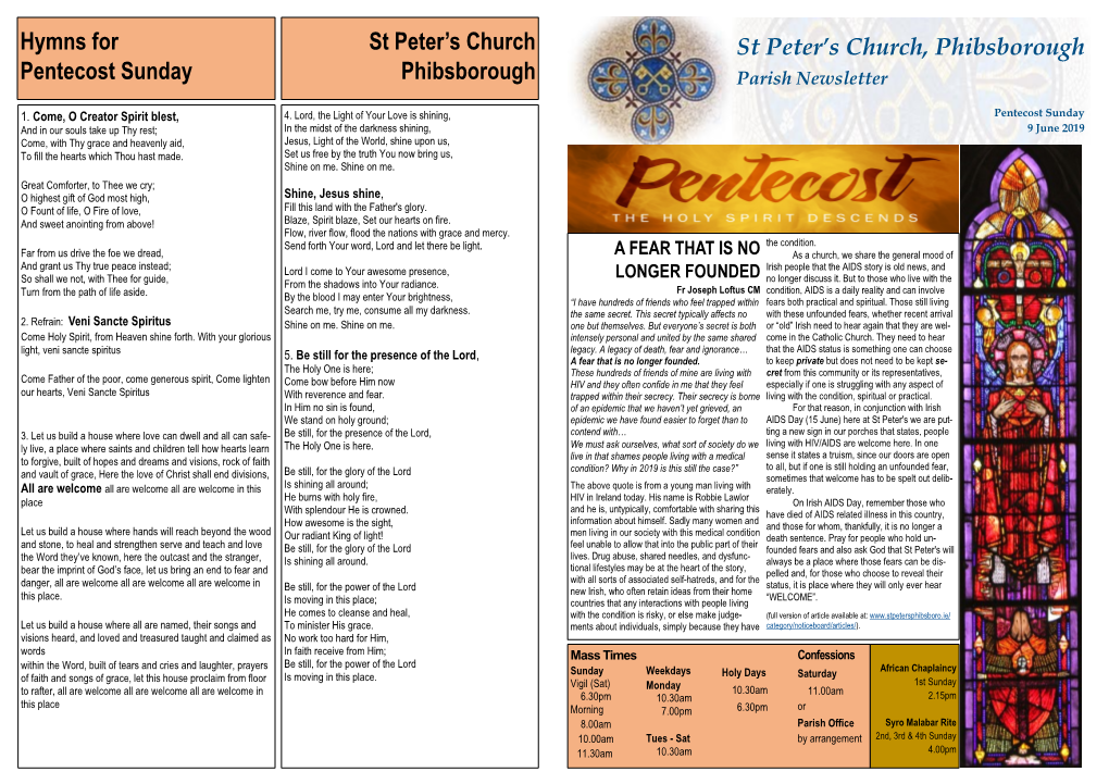 Hymns for Pentecost Sunday St Peter's Church Phibsborough St