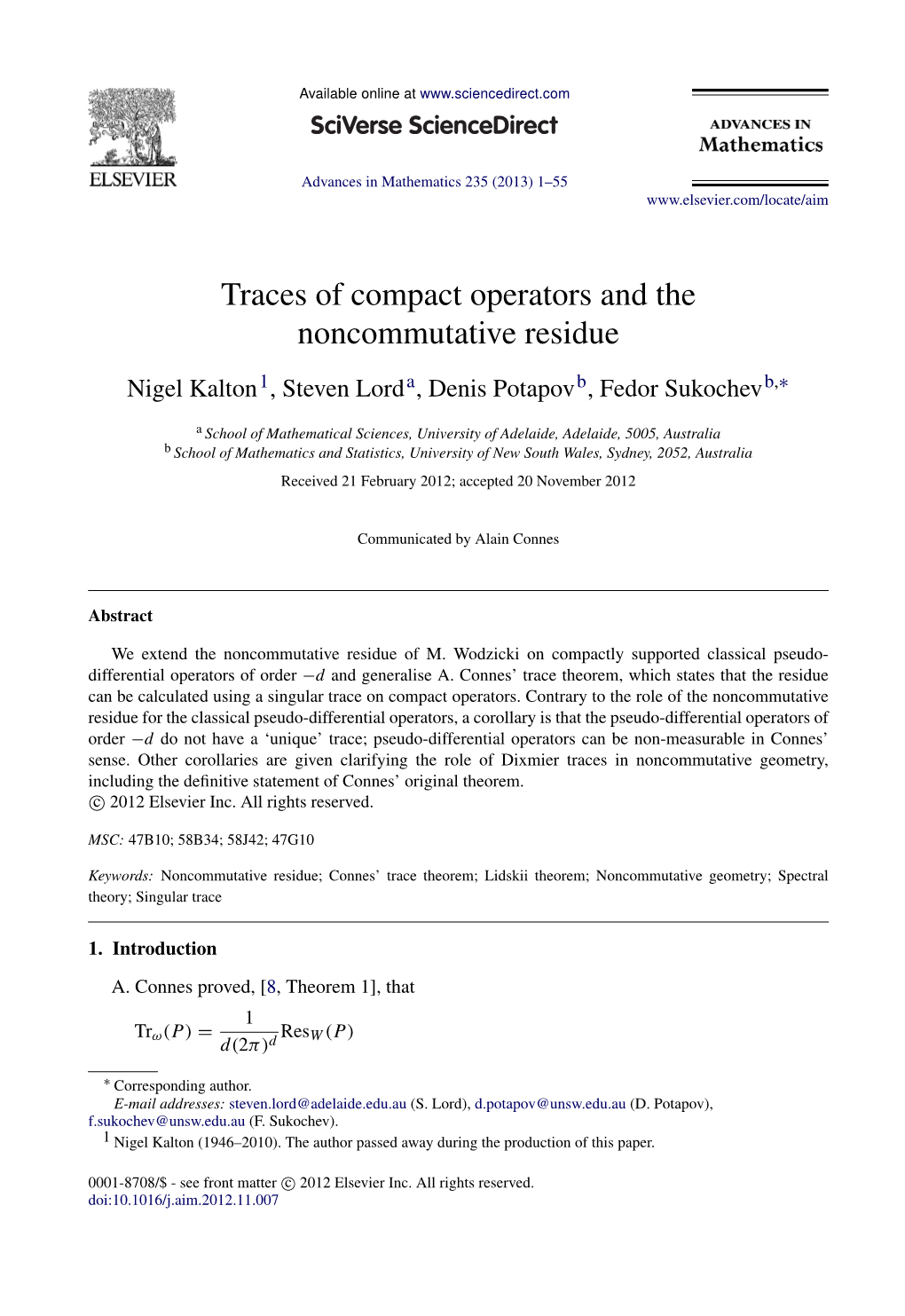 Traces of Compact Operators and the Noncommutative Residue