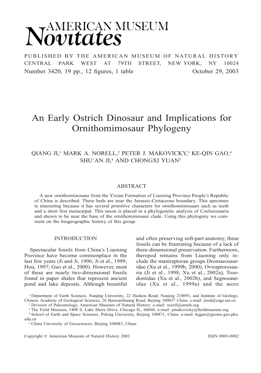 An Early Ostrich Dinosaur and Implications for Ornithomimosaur Phylogeny