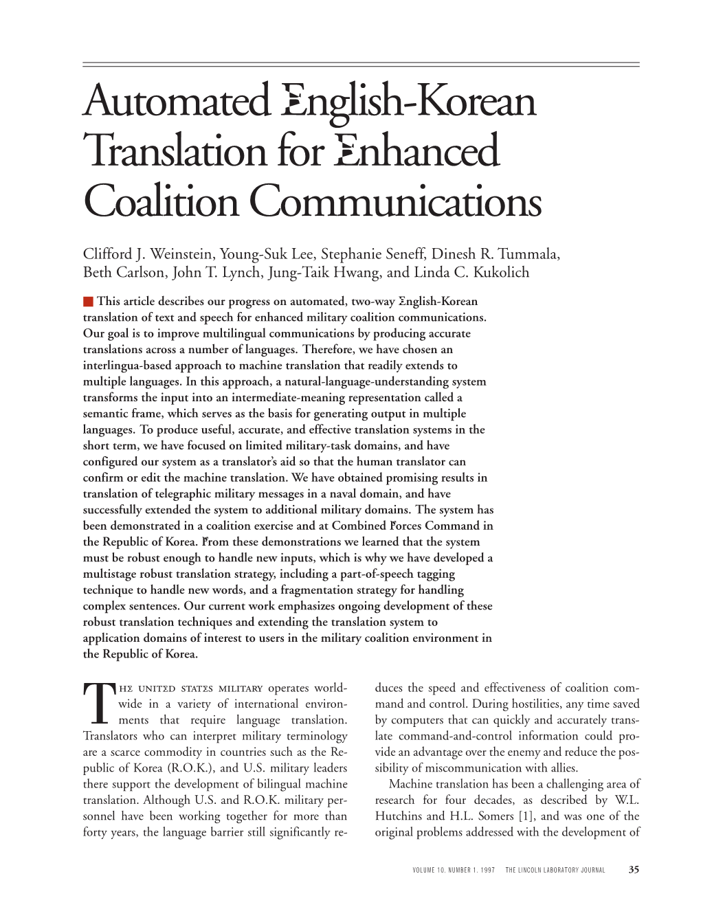 Automated English-Korean Translation for Enhanced Coalition Communications Automated English-Korean Translation for Enhanced Coalition Communications Clifford J