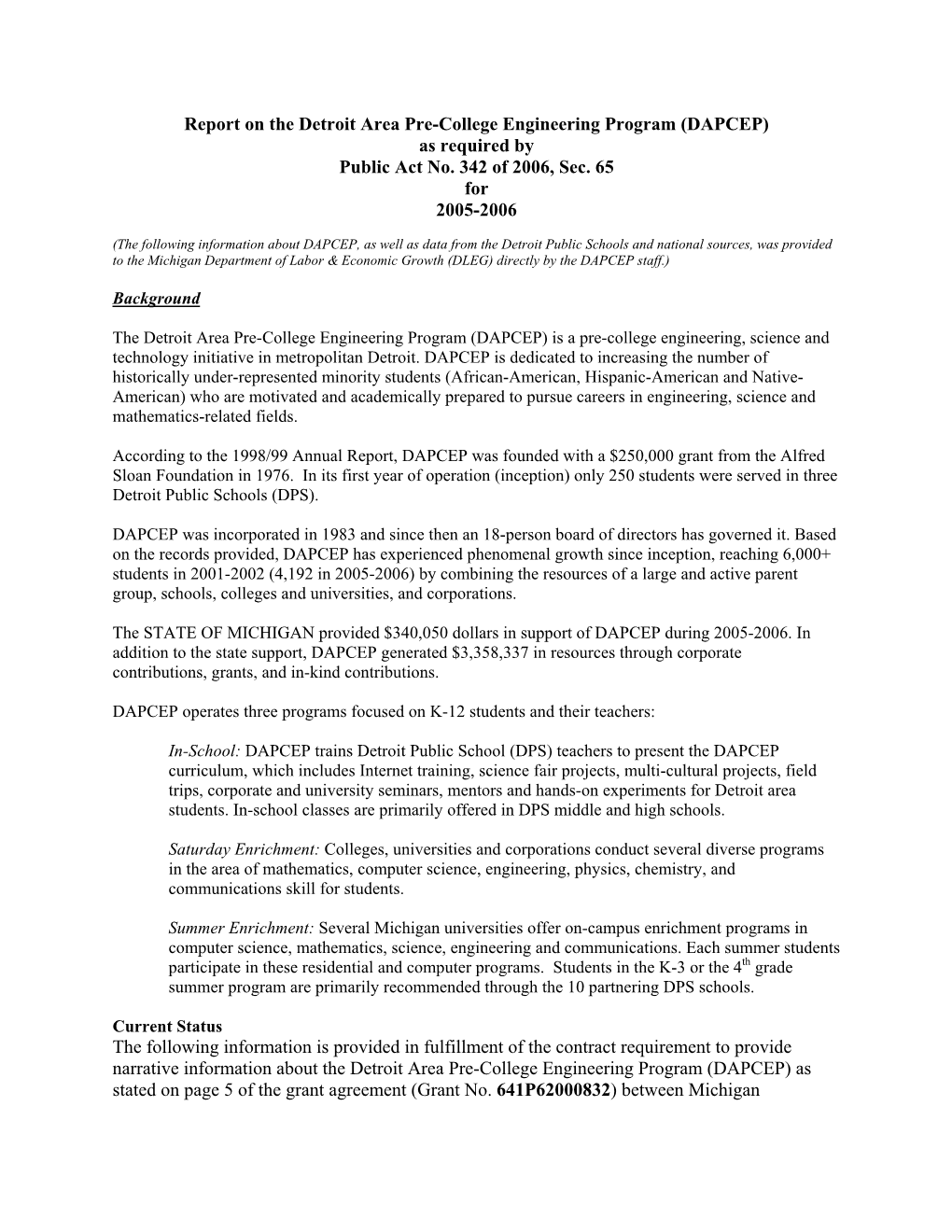 Report on Detroit Area Pre-College Engineering Program (DAPCEP)