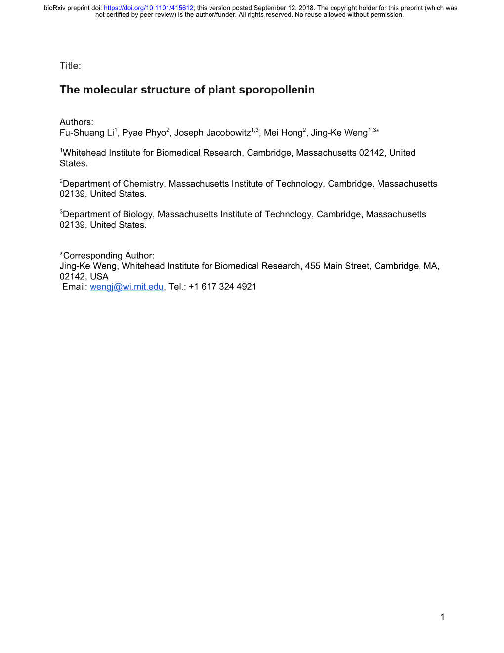 The Molecular Structure of Plant Sporopollenin