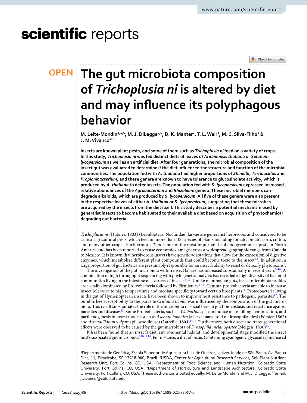 The Gut Microbiota Composition of Trichoplusia Ni Is Altered by Diet and May Infuence Its Polyphagous Behavior M