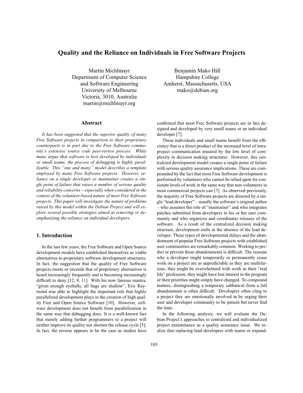 Quality and the Reliance on Individuals in Free Software Projects