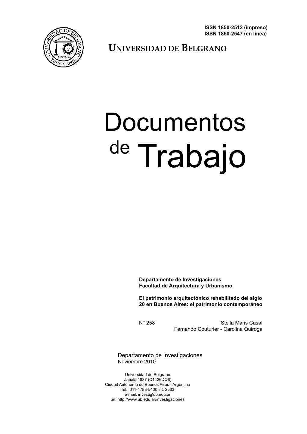 258 Casal.Pdf Documentos De Trabajo El Patrimonio Arquitectónico Rehabilitado Del Siglo 20 En Buenos Aires