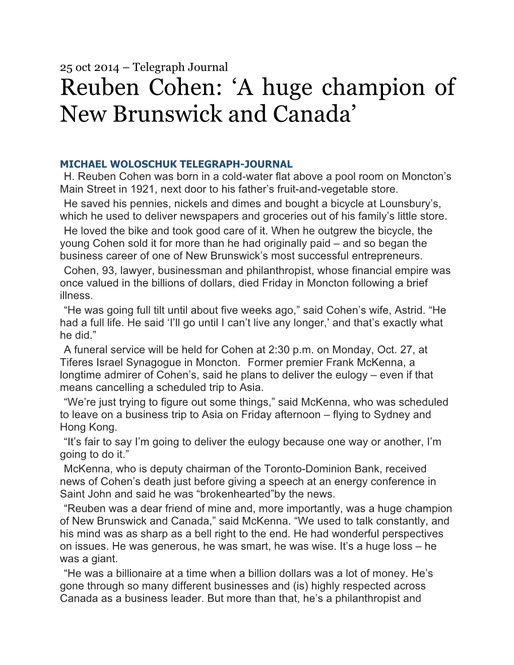 Reuben Cohen: ‘A Huge Champion of New Brunswick and Canada’