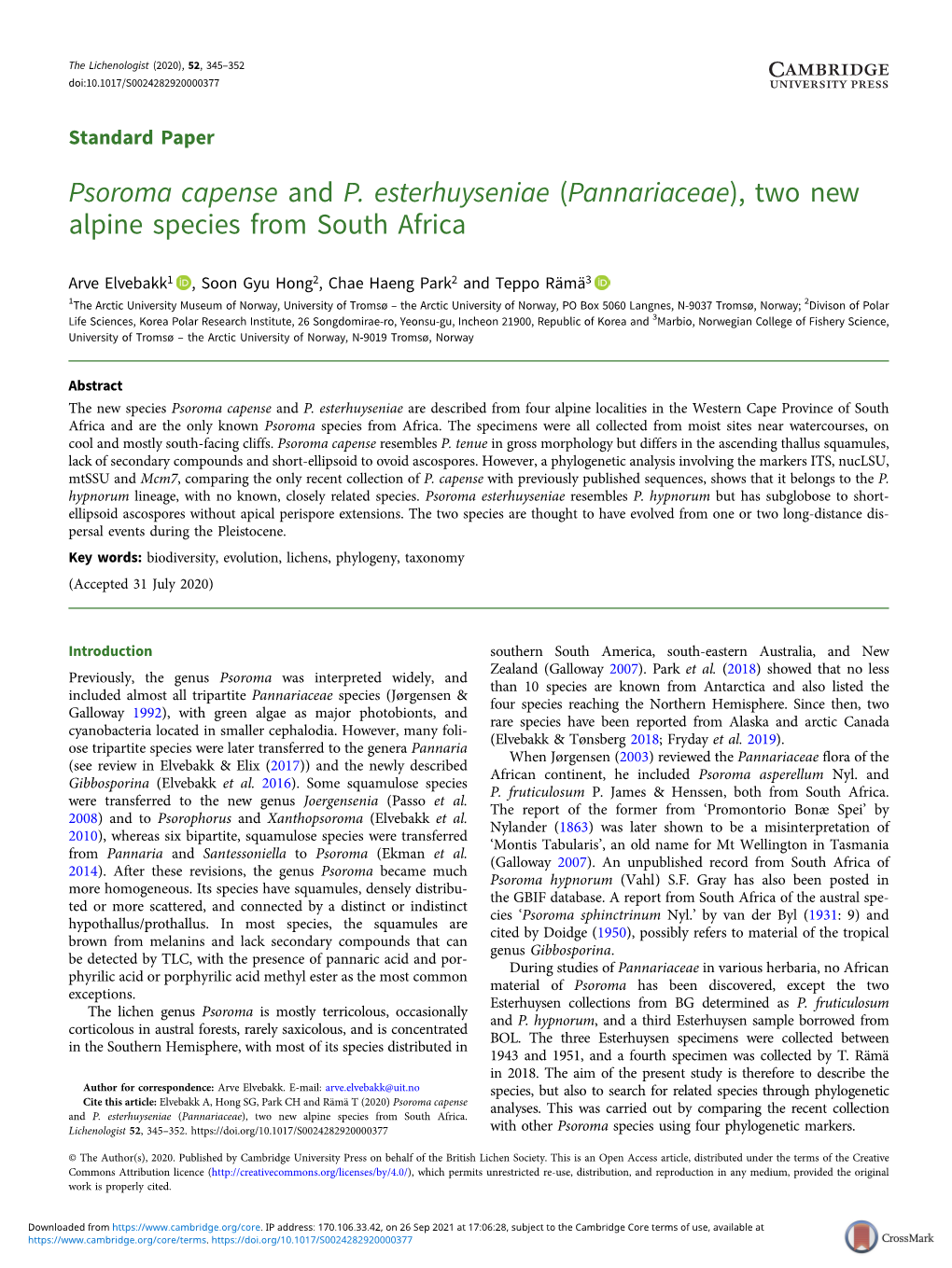 Psoroma Capense and P. Esterhuyseniae (Pannariaceae), Two New Alpine Species from South Africa