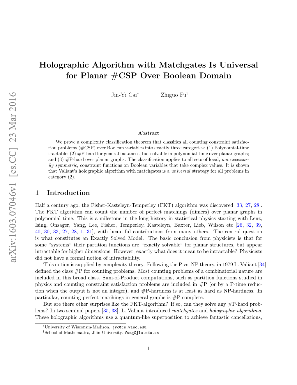 Holographic Algorithm with Matchgates Is Universal for Planar