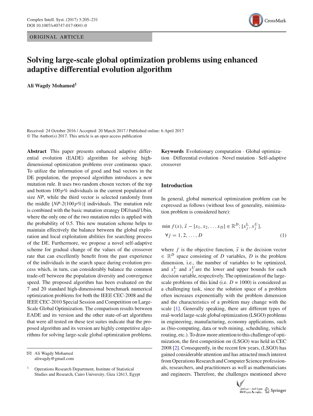 Solving Large-Scale Global Optimization Problems Using Enhanced Adaptive Differential Evolution Algorithm