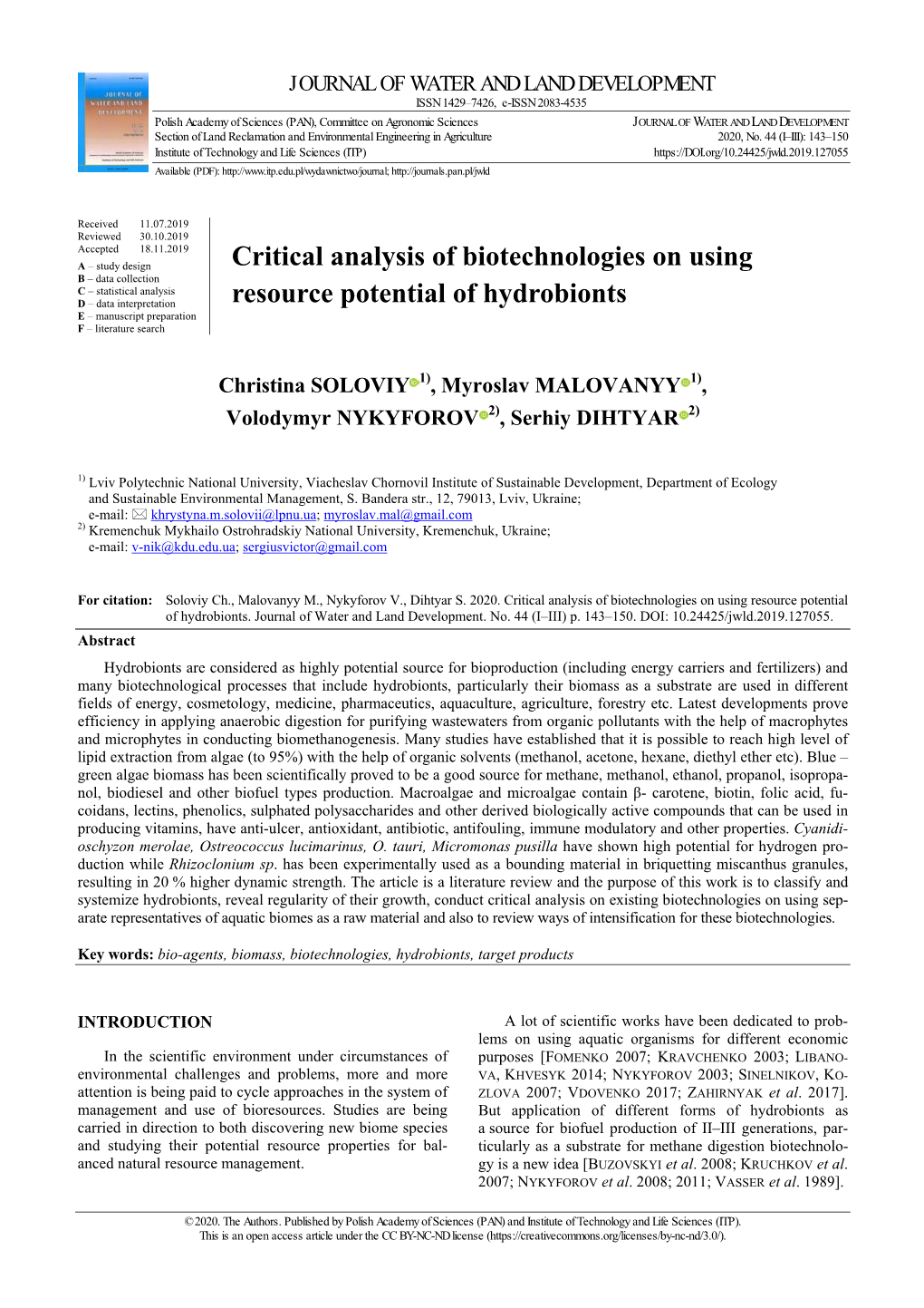 Critical Analysis of Biotechnologies on Using Resource Potential of Hydrobionts