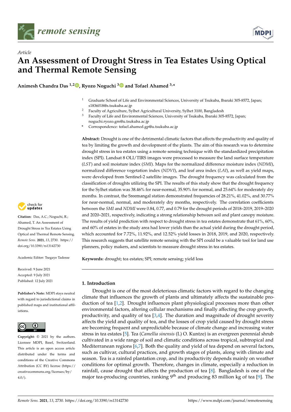 An Assessment of Drought Stress in Tea Estates Using Optical and Thermal Remote Sensing