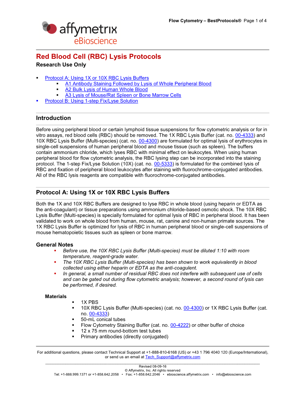 Red Blood Cell (RBC) Lysis Protocols Research Use Only