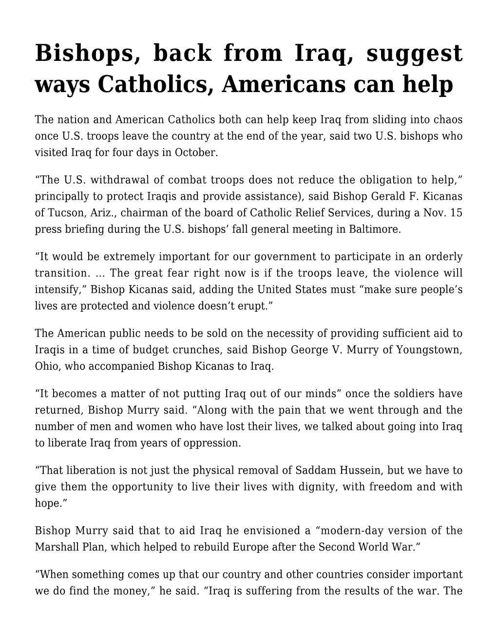 Bishops, Back from Iraq, Suggest Ways Catholics, Americans Can Help