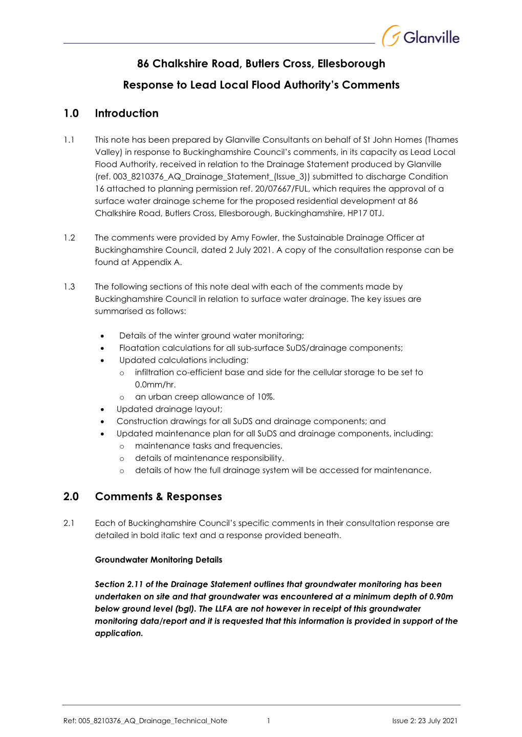 86 Chalkshire Road, Butlers Cross, Ellesborough Response to Lead Local Flood Authority’S Comments