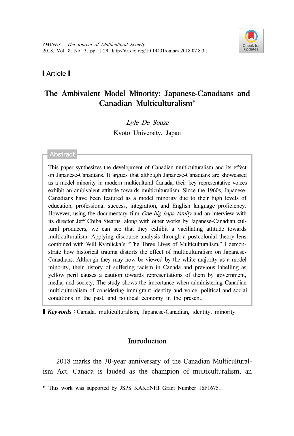 The Ambivalent Model Minority: Japanese-Canadians and Canadian Multiculturalism*