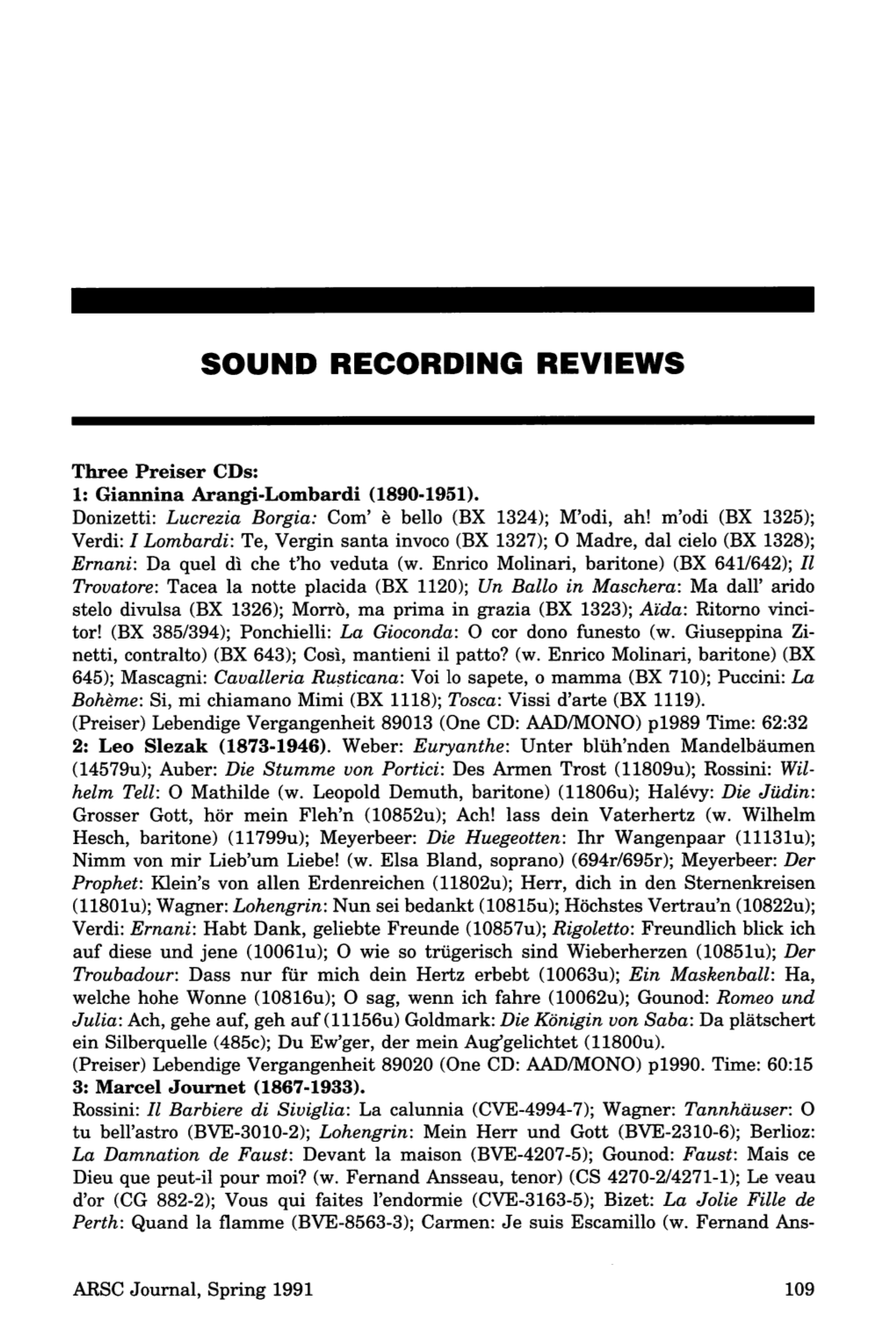 ARSC Journal, Spring 1991 109 Sound Recording Reviews