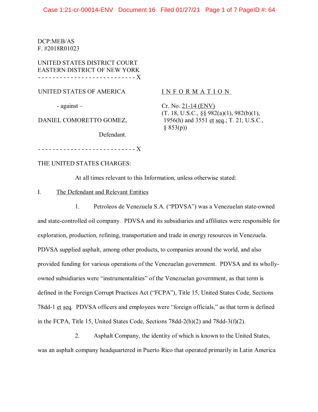 Case 1:21-Cr-00014-ENV Document 16 Filed 01/27/21 Page 1 of 7 Pageid #: 64