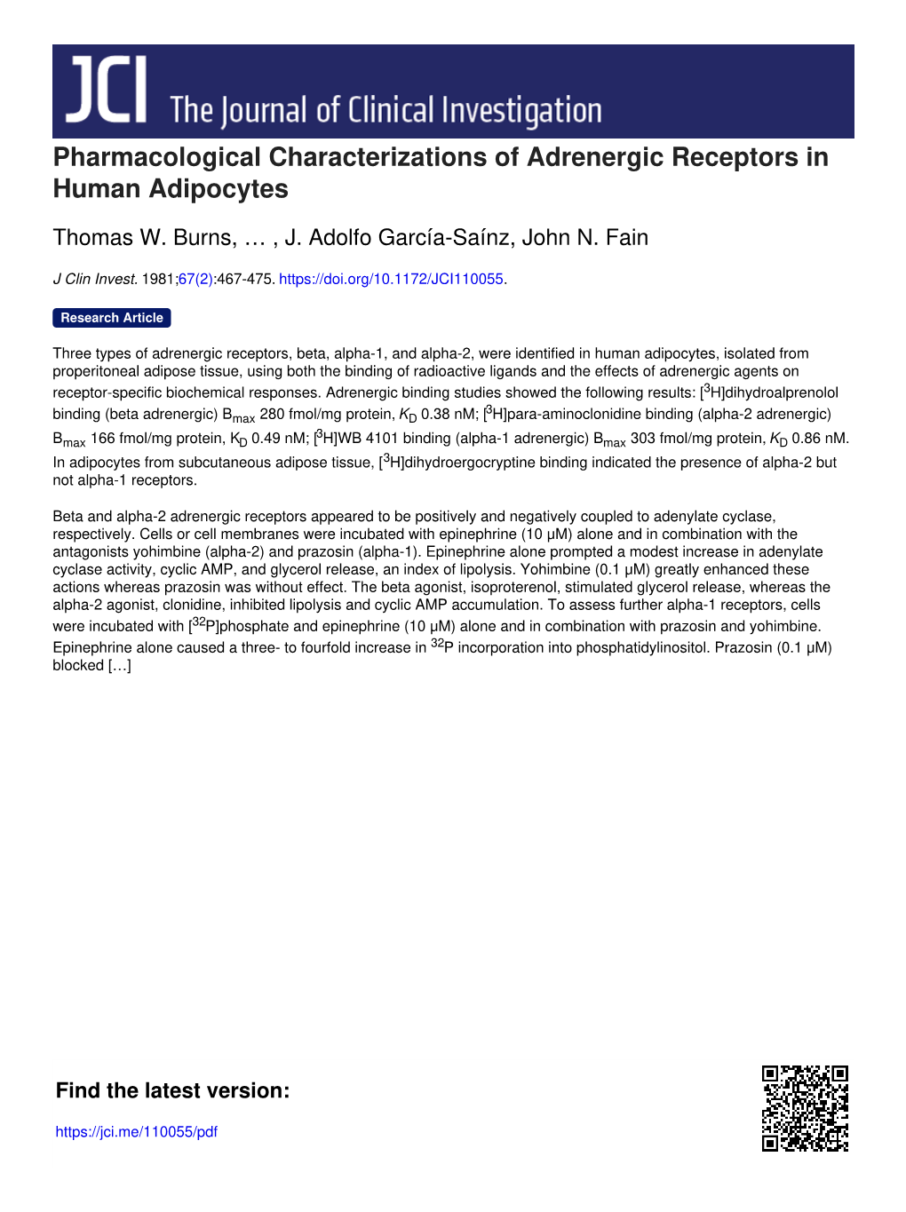 Pharmacological Characterizations of Adrenergic Receptors in Human Adipocytes