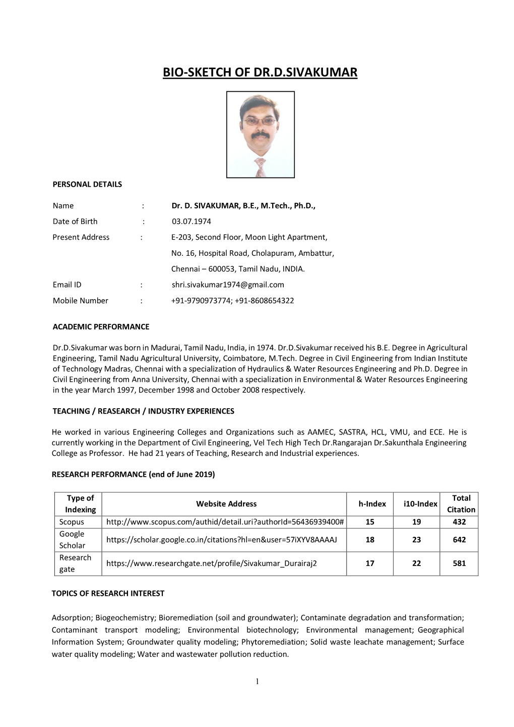 Bio-Sketch of Dr.D.Sivakumar