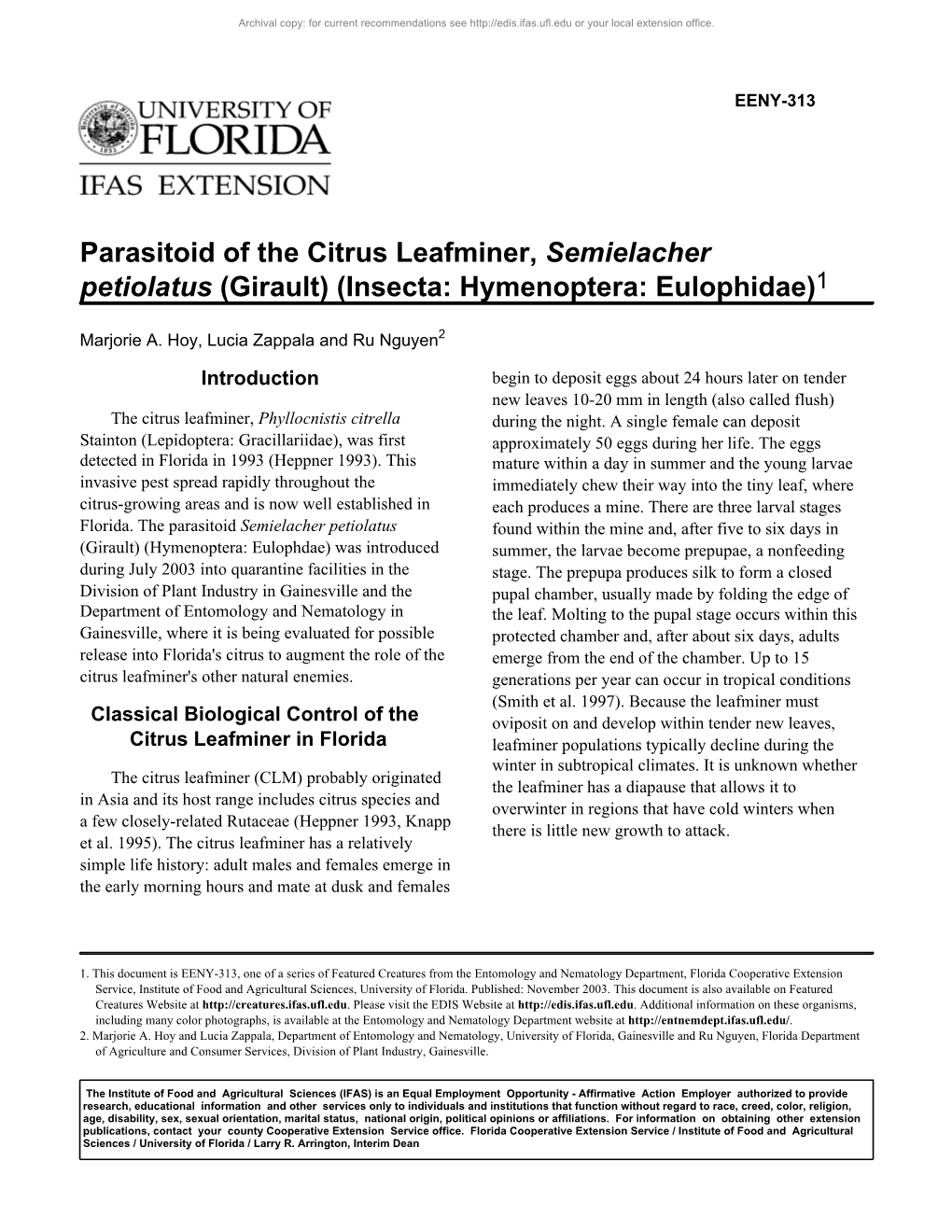 Parasitoid of the Citrus Leafminer, Semielacher Petiolatus (Girault) (Insecta: Hymenoptera: Eulophidae)1