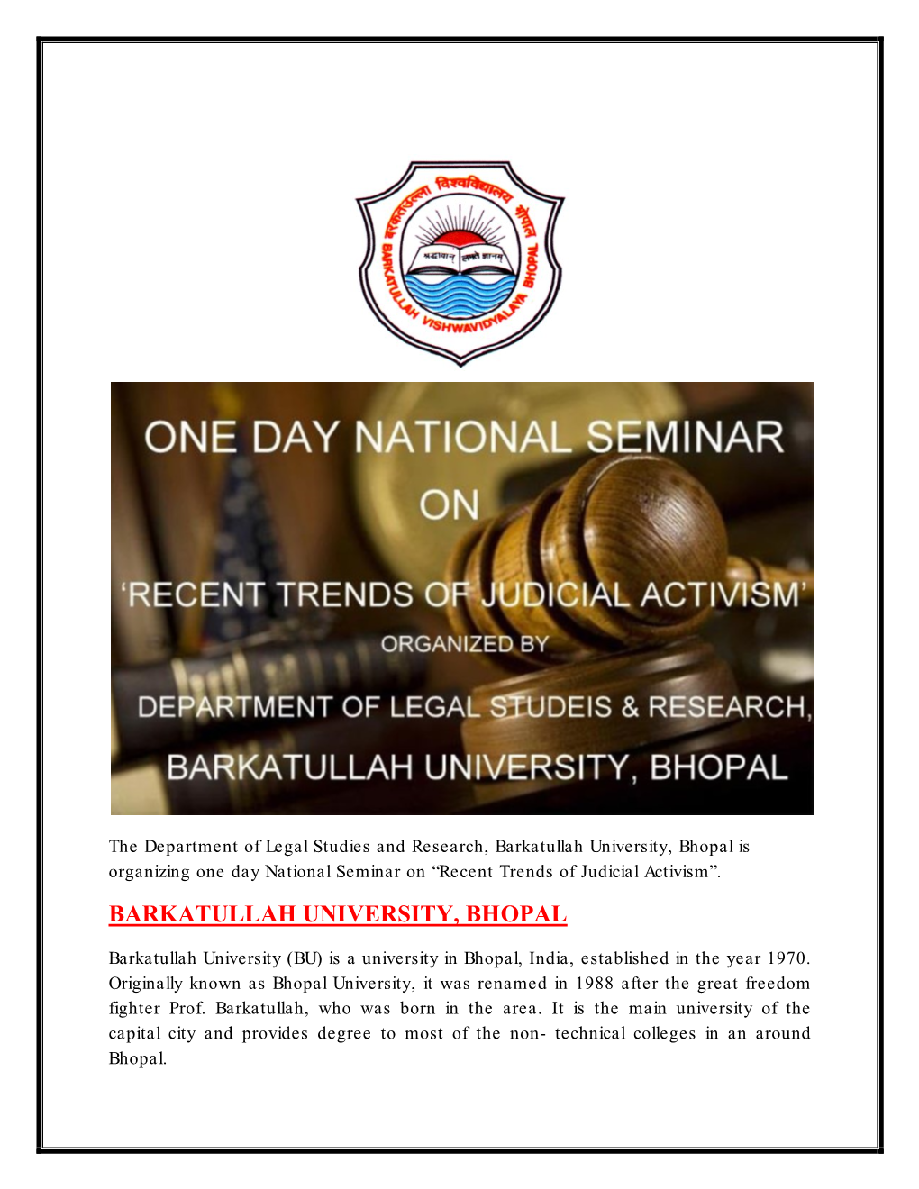 Barkatullah University, Bhopal Is Organizing One Day National Seminar on “Recent Trends of Judicial Activism”