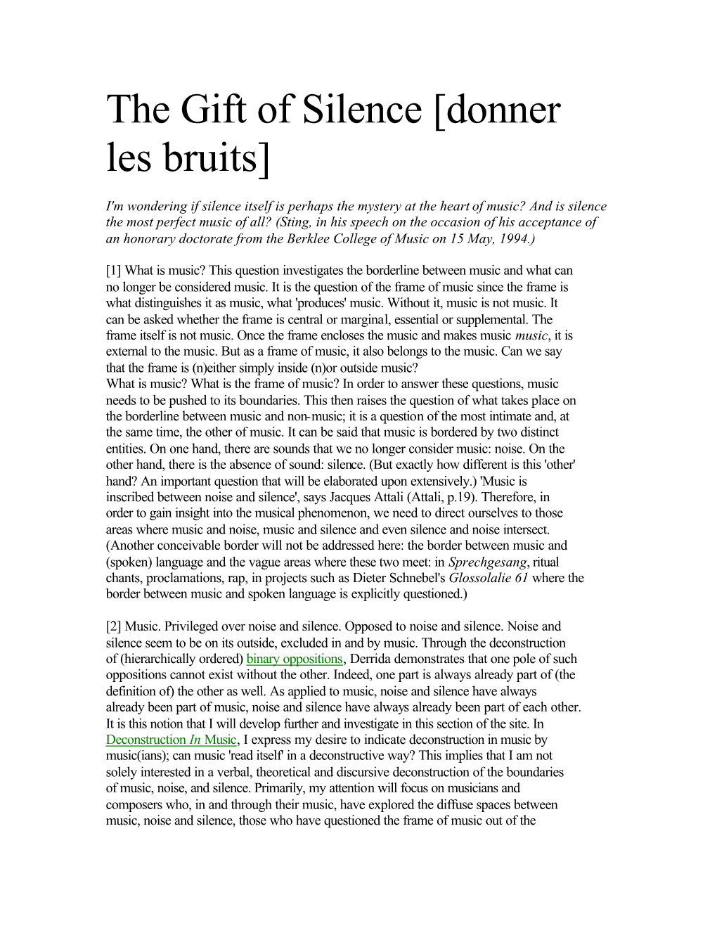 The Gift of Silence [Donner Les Bruits]