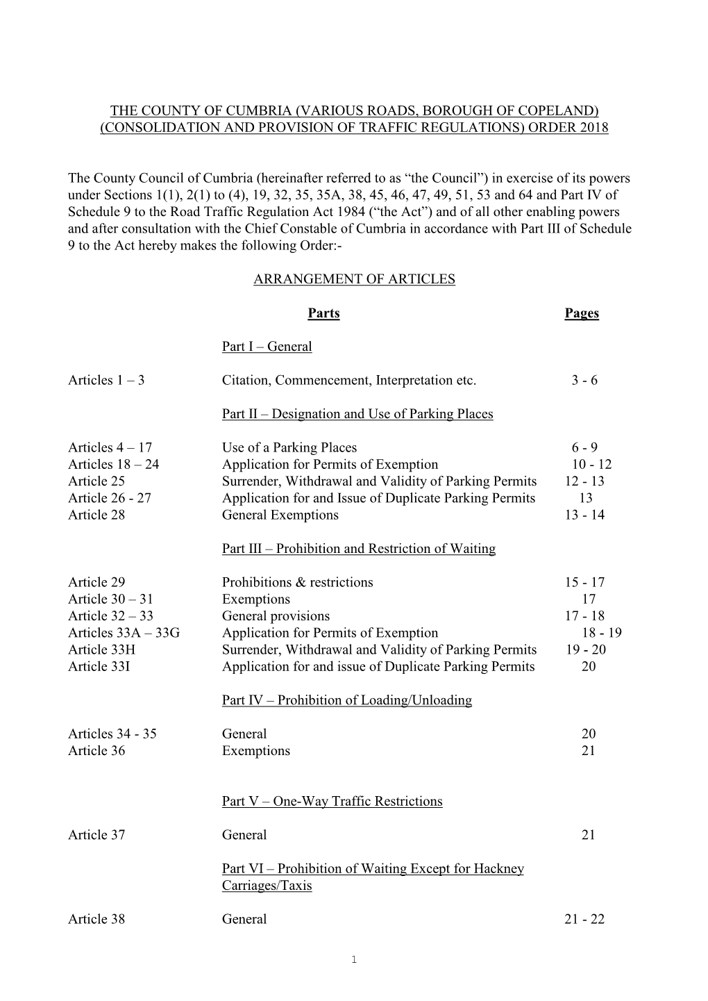 The County of Cumbria (Various Roads, Borough of Copeland) (Consolidation and Provision of Traffic Regulations) Order 2018