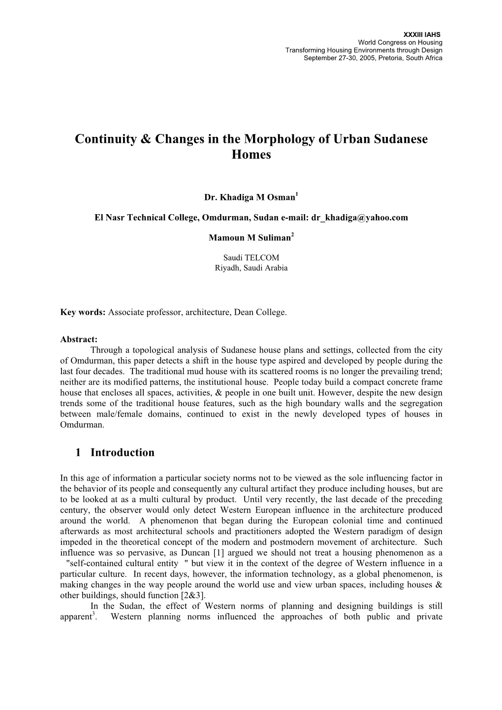 Continuity & Changes in the Morphology of Urban Sudanese