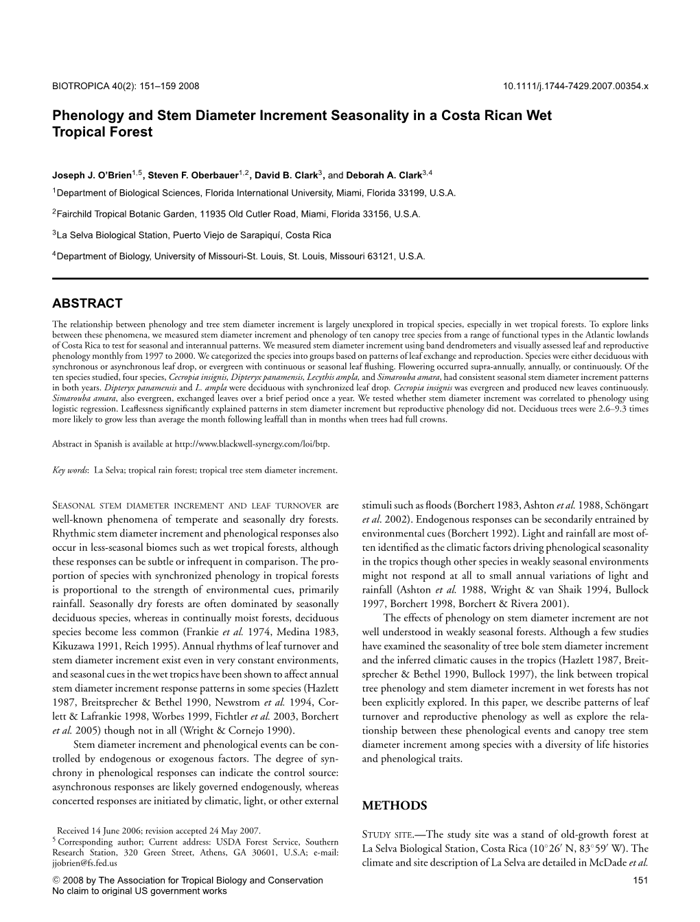 Phenology and Stem Diameter Increment Seasonality in a Costa Rican Wet Tropical Forest