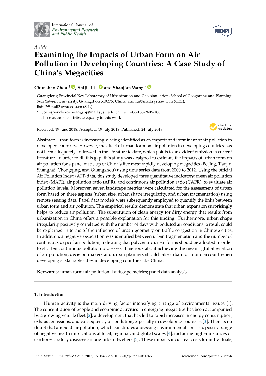 Examining the Impacts of Urban Form on Air Pollution in Developing Countries: a Case Study of China’S Megacities