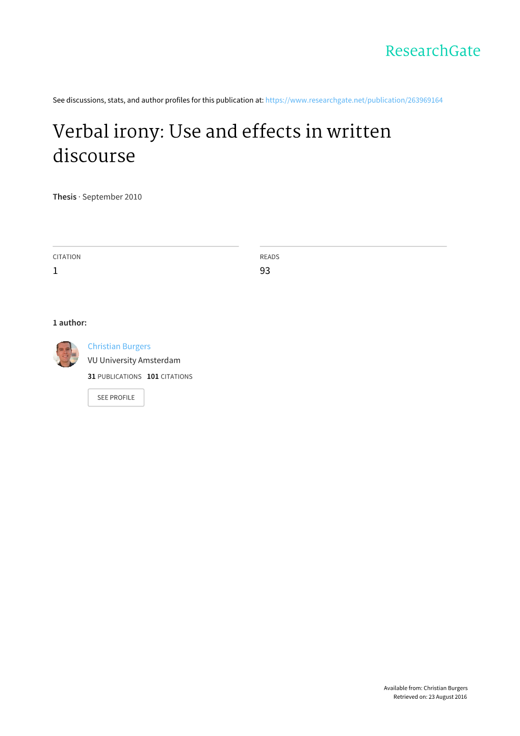 Verbal Irony: Use and Effects in Written Discourse