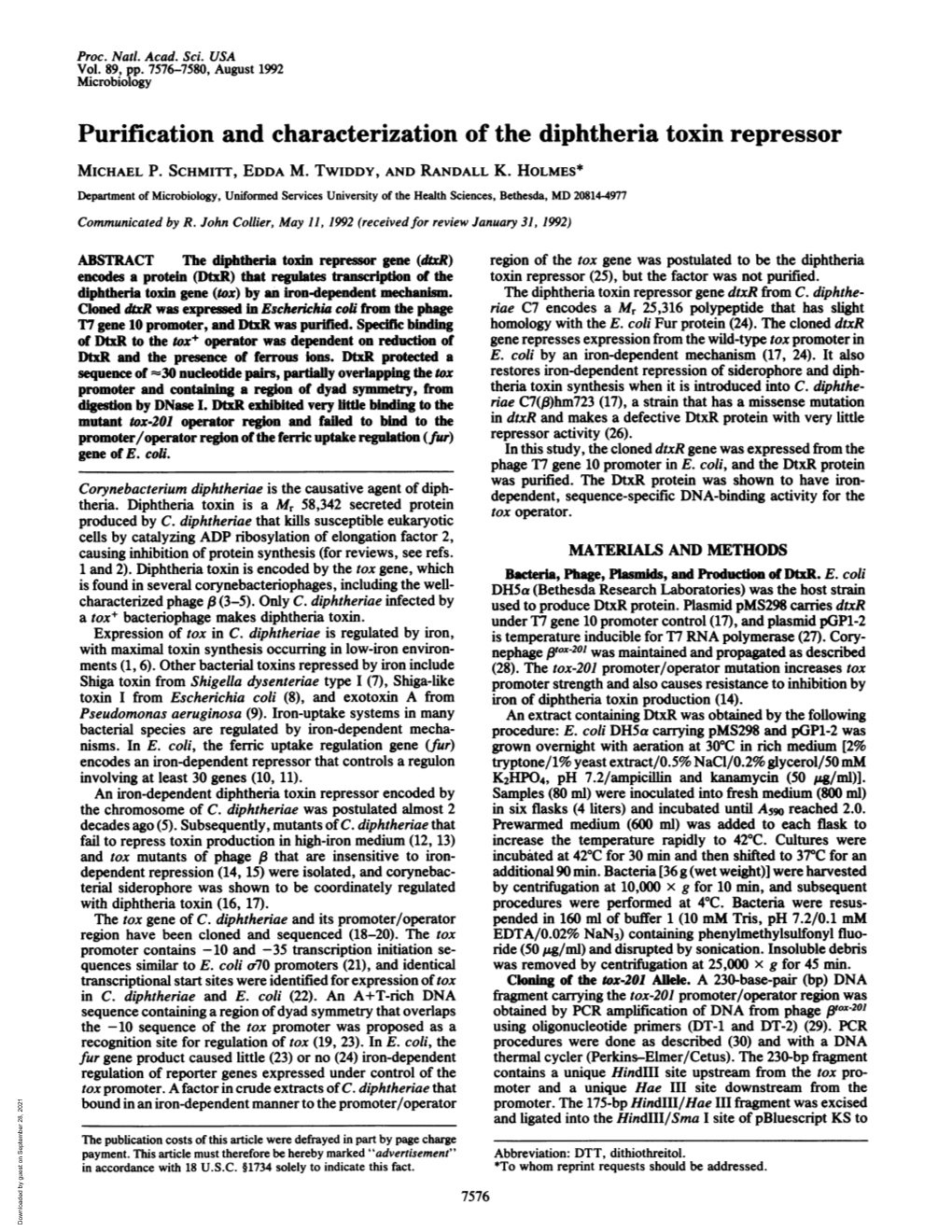 Purification and Characterization of the Diphtheria Toxin Repressor MICHAEL P