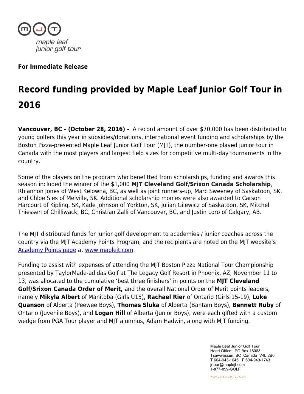 Record Funding Provided by Maple Leaf Junior Golf Tour in 2016