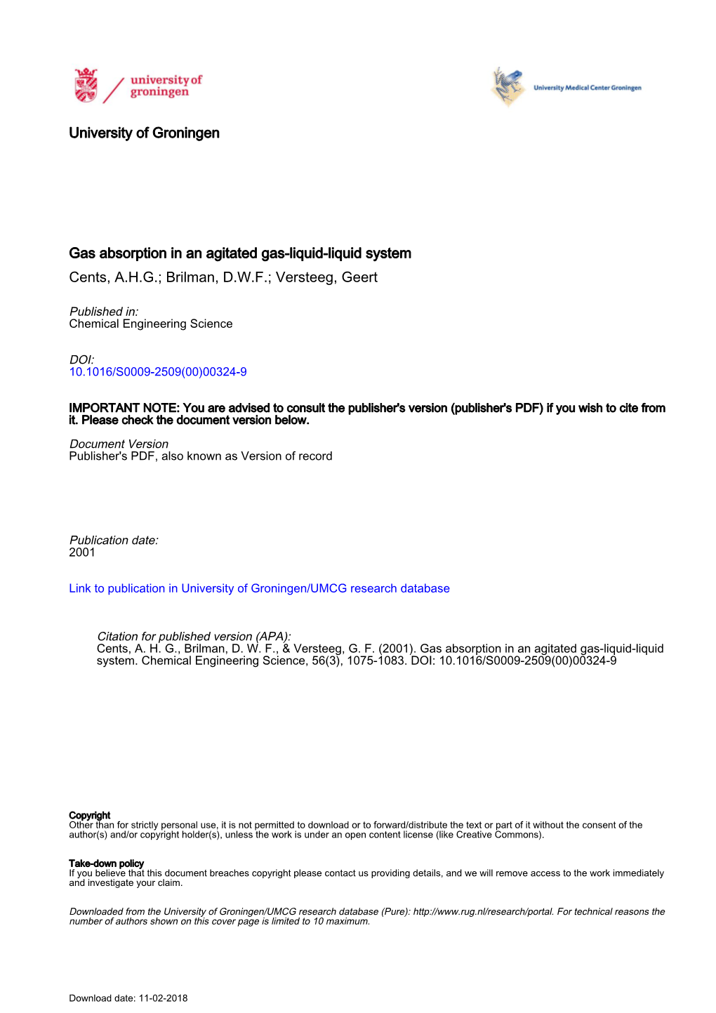 University of Groningen Gas Absorption in an Agitated Gas-Liquid