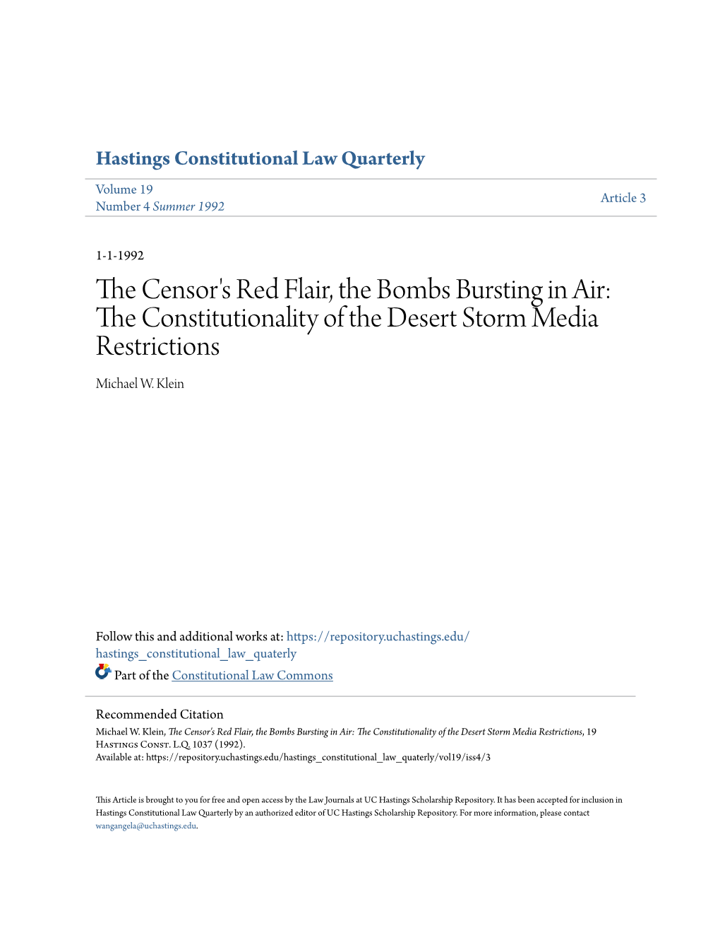 The Constitutionality of the Desert Storm Media Restrictions, 19 Hastings Const