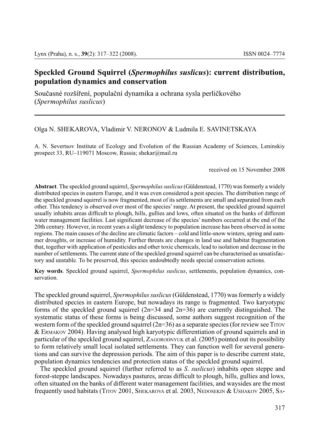 Speckled Ground Squirrel (Spermophilus Suslicus): Current Distribution, Population Dynamics and Conservation