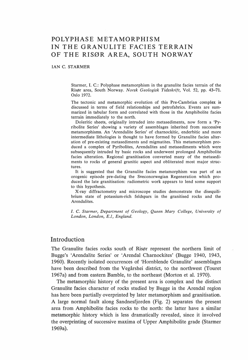 Polyphase Metamorphism in the Granulite Facies Terrain of the Risør Area, South Norway