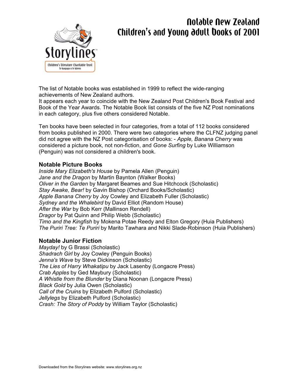 Storylines Notable Books List 2001