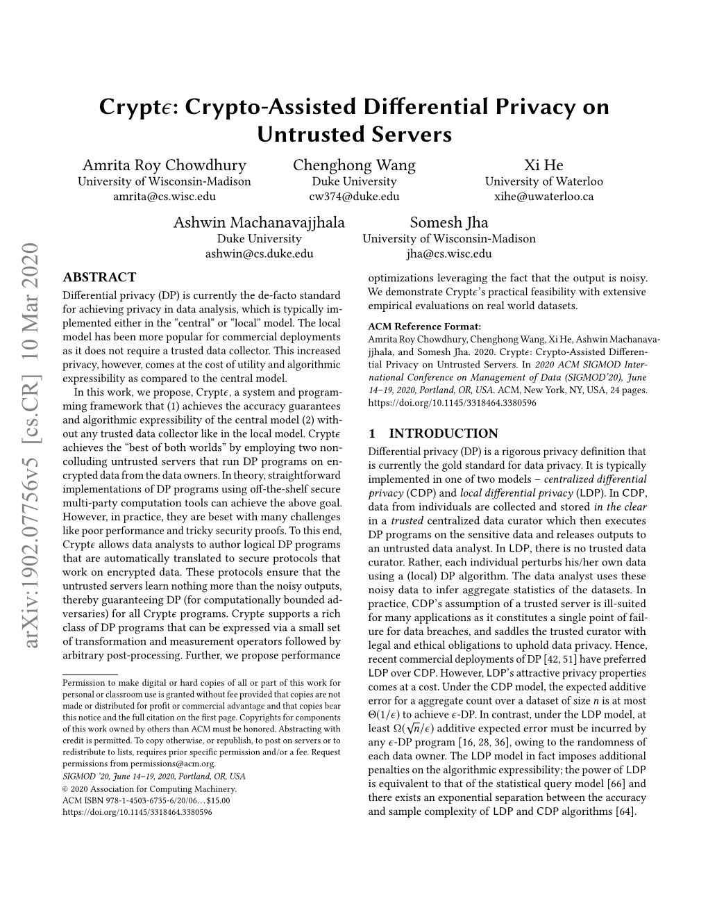 Cryptϵ: Crypto-Assisted Differential Privacy on Untrusted Servers