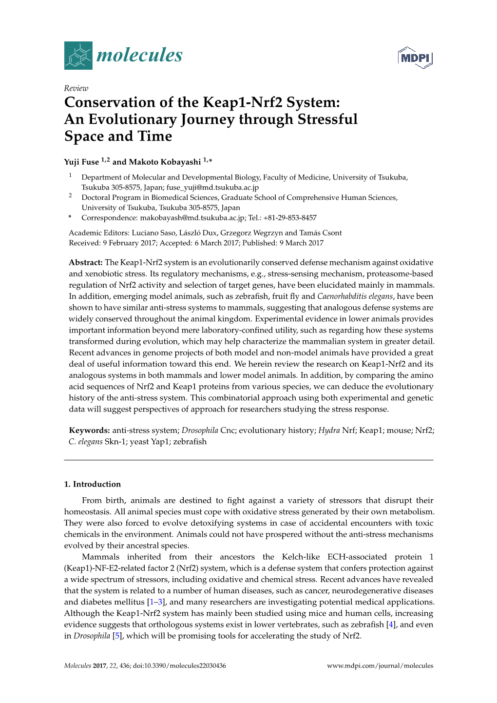 Conservation of the Keap1-Nrf2 System: an Evolutionary Journey Through Stressful Space and Time