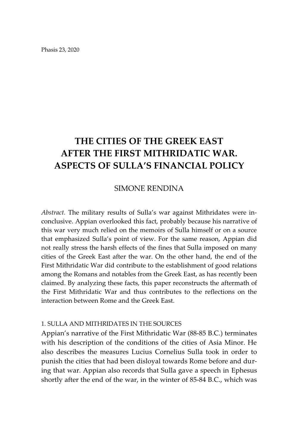 The Cities of the Greek East After the First Mithridatic War. Aspects of Sulla's Financial Policy