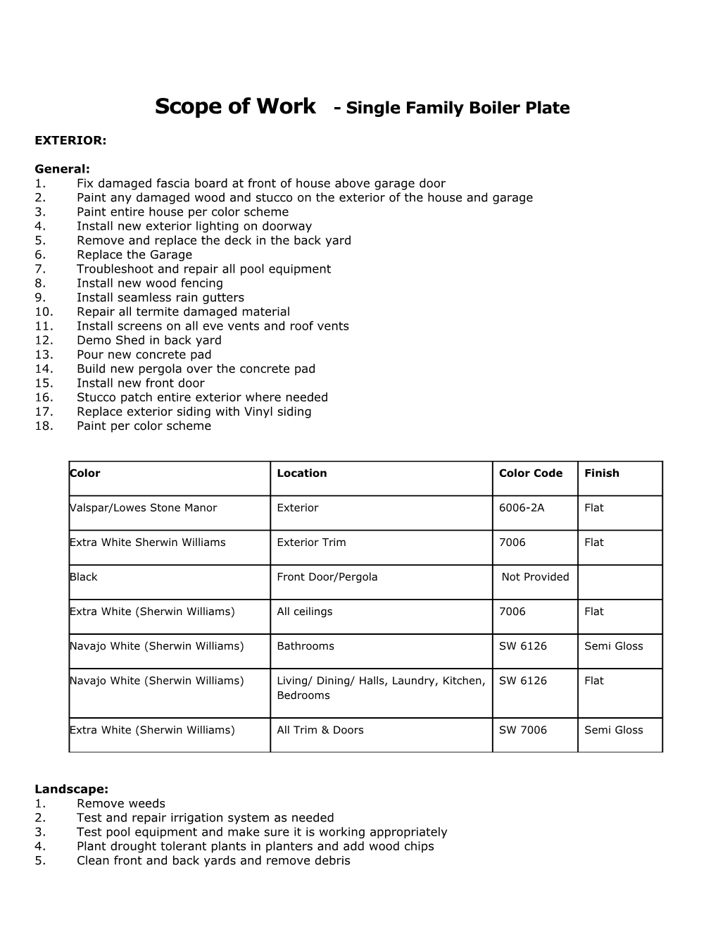 Scope of Work - Single Family Boiler Plate