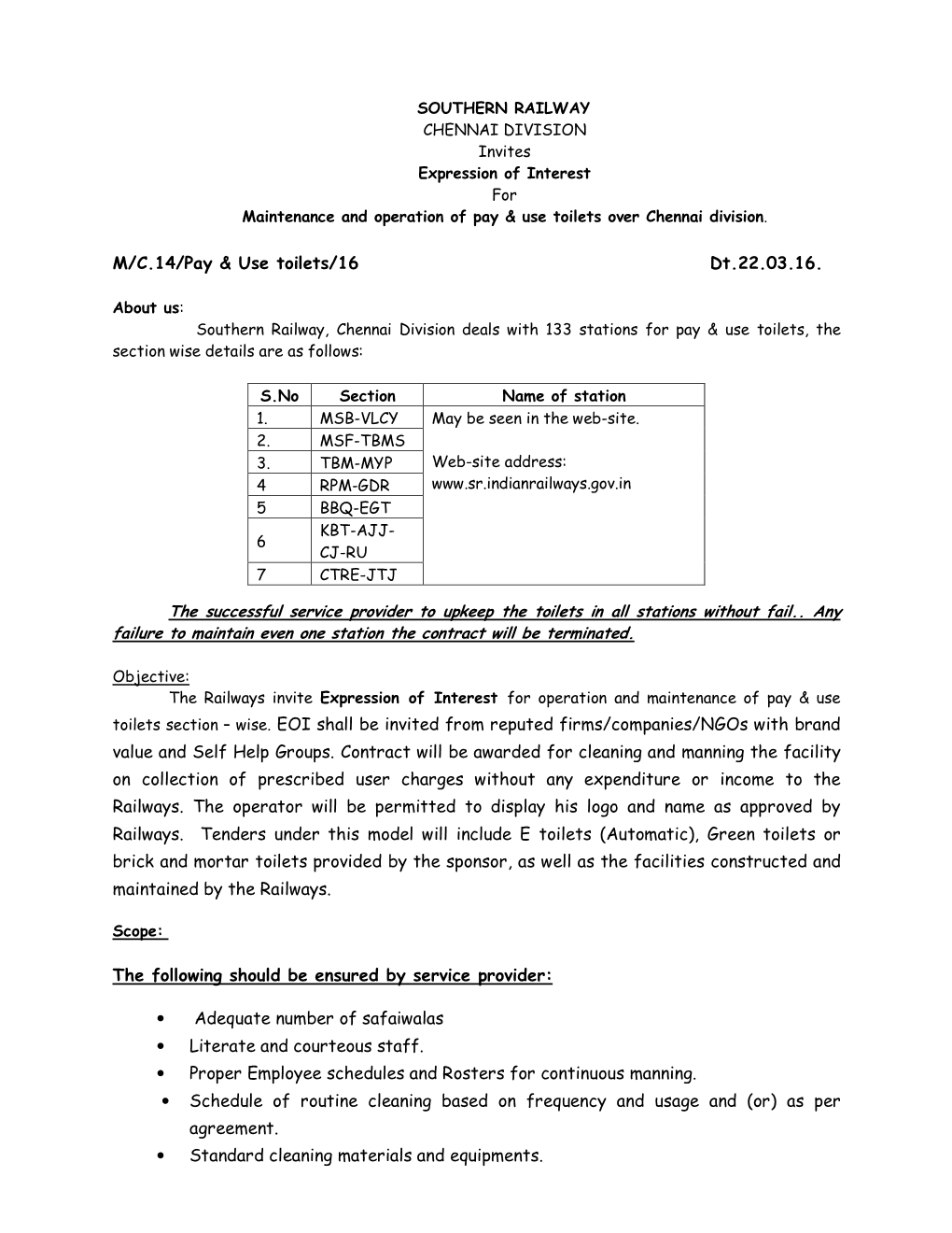 M/C.14/Pay & Use Toilets/16 Dt.22.03.16