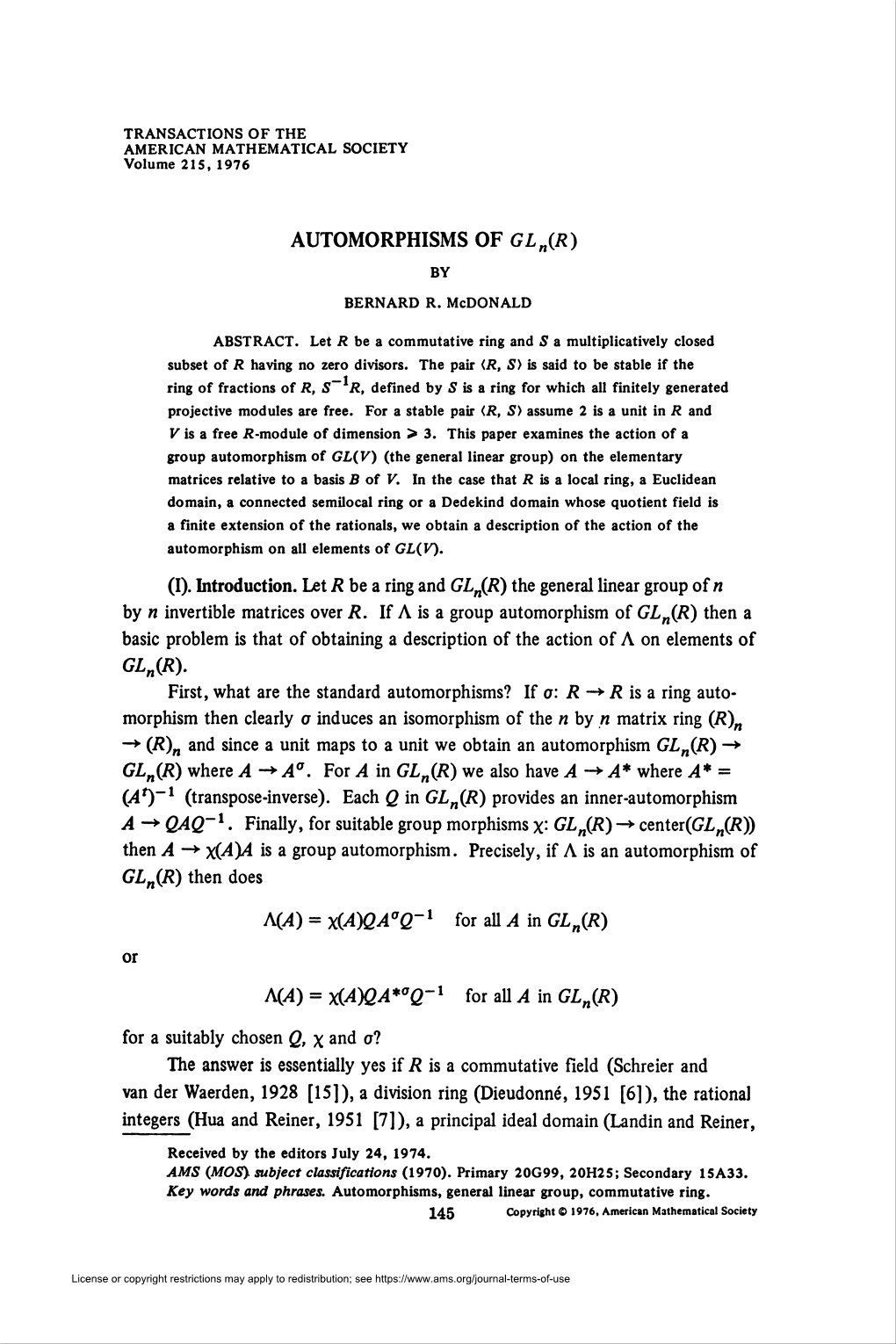 Automorphisms of Gln(R)