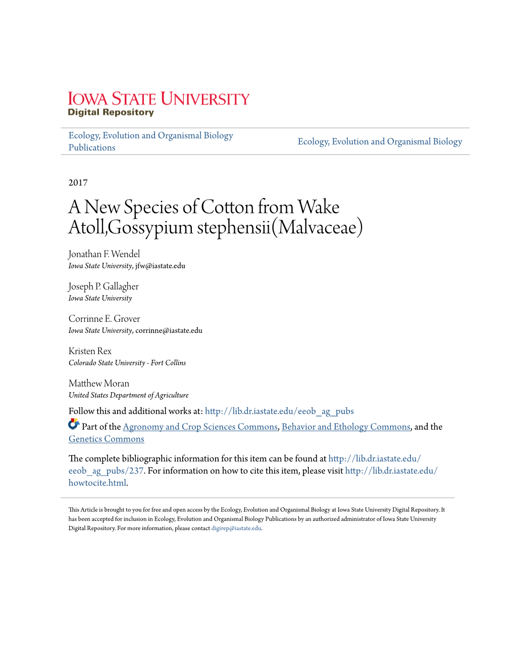 A New Species of Cotton from Wake Atoll,Gossypium Stephensii(Malvaceae) Jonathan F