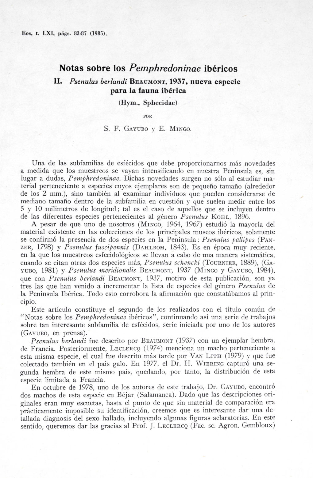 Notas Sobre Los Pemphredoninae Ibéricos Psenulus Berlandi BEAUMONT, 1937, Nueva Especie Para La Fauna Ibérica (Hym., Sphecidae)