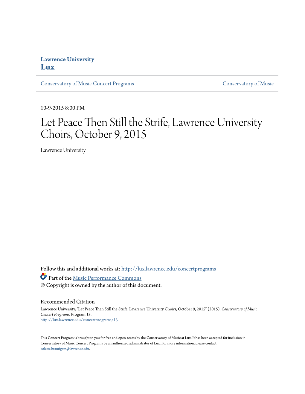 Let Peace Then Still the Strife, Lawrence University Choirs, October 9, 2015 Lawrence University