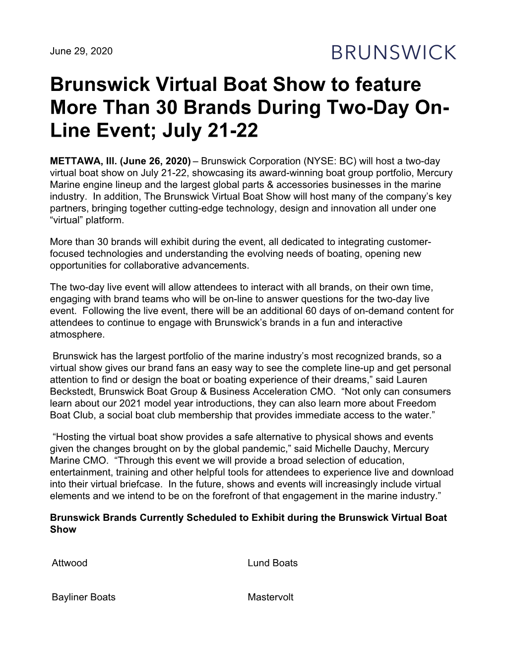 Brunswick Virtual Boat Show to Feature More Than 30 Brands During Two-Day On- Line Event; July 21-22
