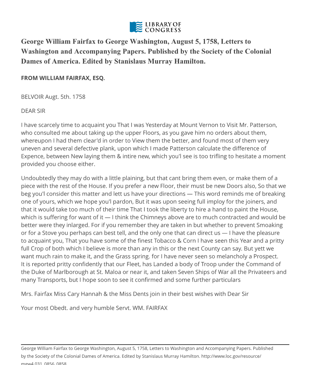 George William Fairfax to George Washington, August 5, 1758, Letters to Washington and Accompanying Papers