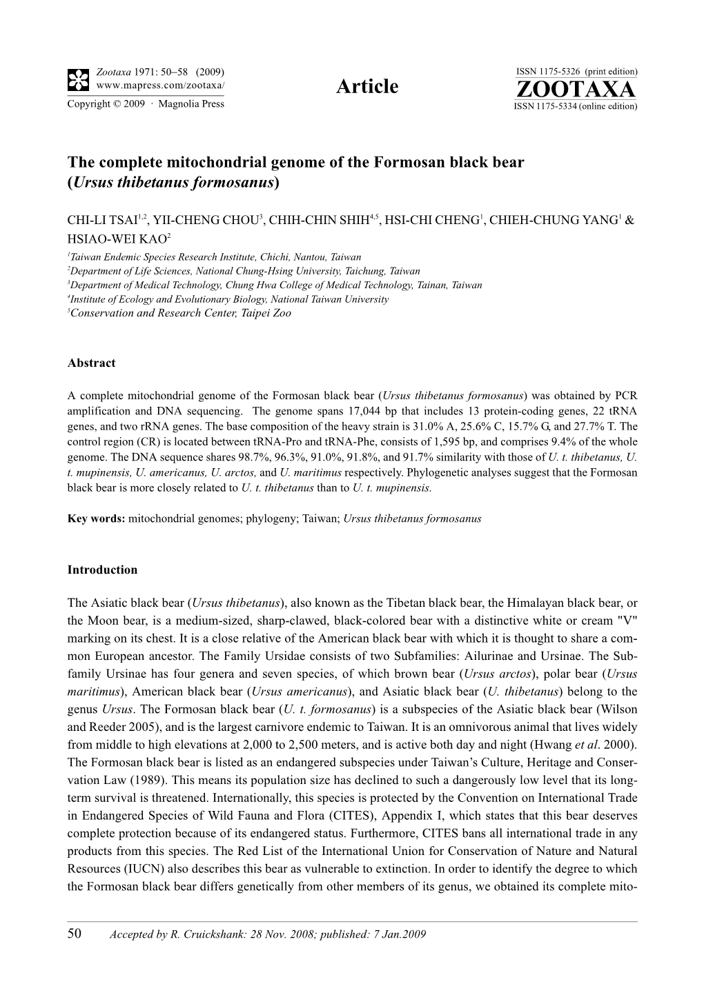 Zootaxa, the Complete Mitochondrial Genome of the Formosan Black Bear